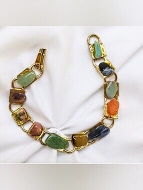 Vintage 70s Multi Gemstone Tumbled Nugget Link Bracelet Gold Tone